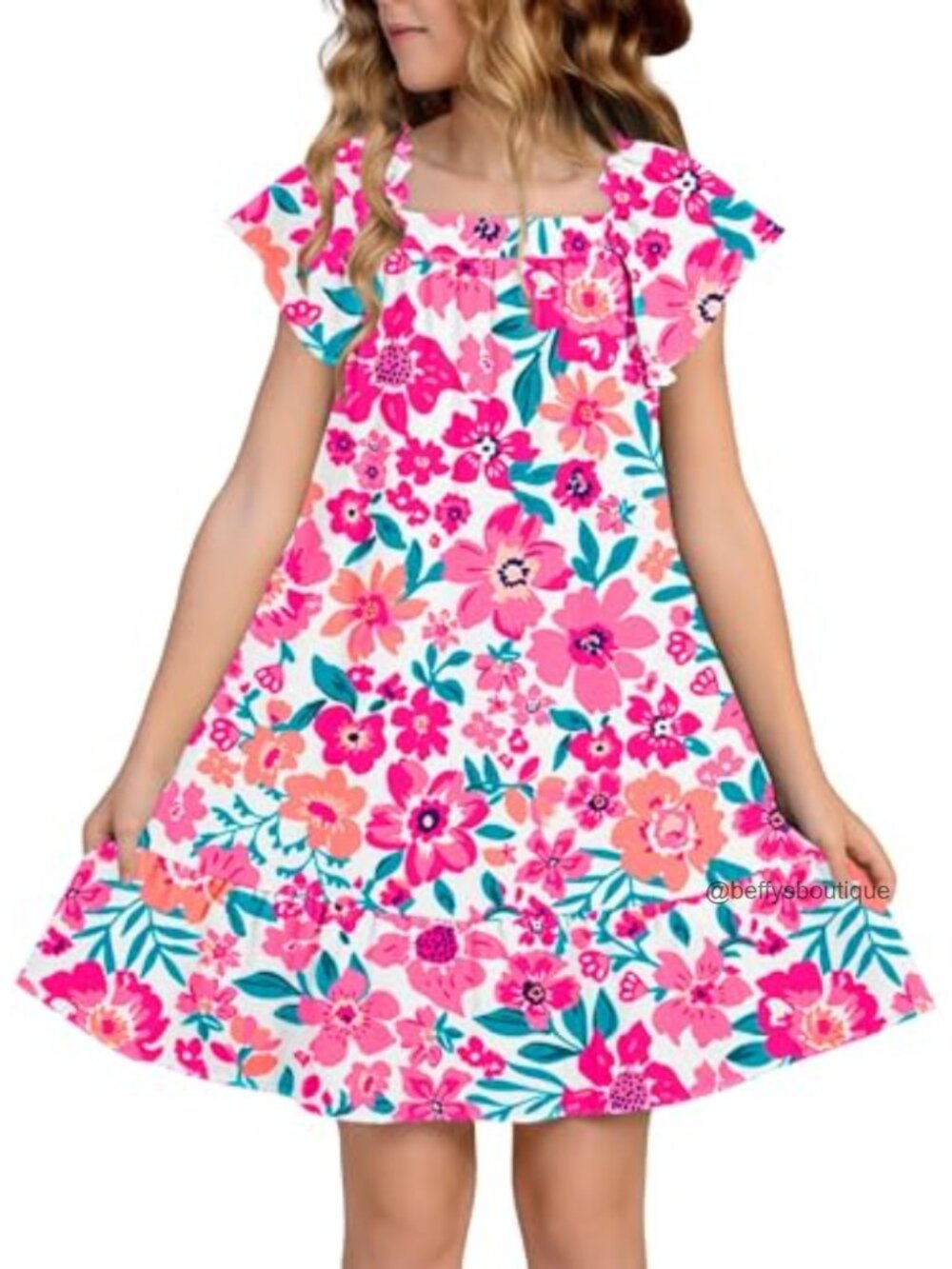 Girls Summer Sundress Ruffle Sleeve Square Neck Boho Floral Casual Pull On